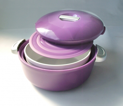 Porte plat isotherme rond 2.3 L aubergine avec son plat blanc &agrave; couvercle hermet