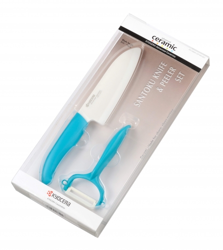 Set 2 pi&egrave;ces : un couteau lame c&eacute;ramique blanche & manche bleu 14 cm + un &eacute;pluch