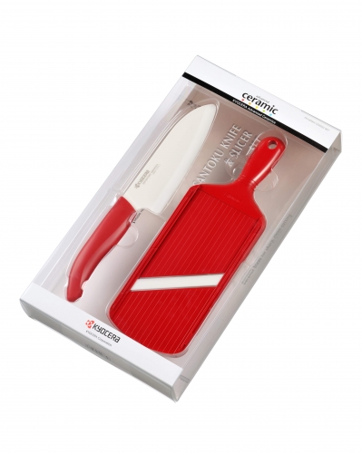 Set 2 pièces : un couteau lame céramique blanche & manche rouge 14 cm + une mand