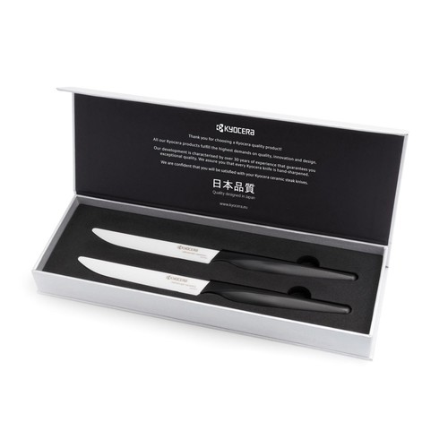 Set de 2 couteaux &agrave; steak en c&eacute;ramique 24 cm lame blanche/manche noir