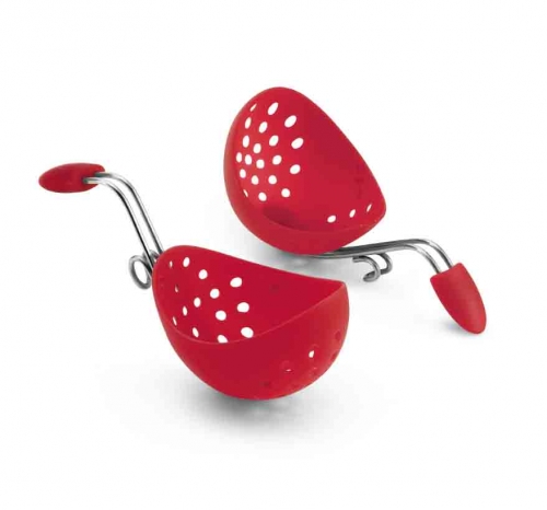 Set de 2 pocheuses à oeufs en silicone rouge avec crochet inox 'accroche facile'