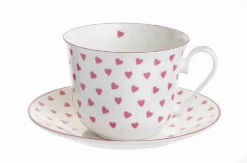 Set de 2 tasses d&eacute;jeuner & soucoupes 'Coeurs roses'