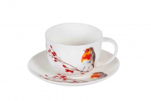 Set de 2 Tasses & soucoupes Petit D&eacute;jeuner Jumbo cup oiseaux "Robin "
