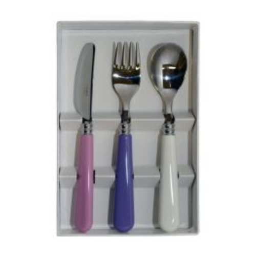 Set de 3 couverts pour enf. couteau rose /fourchette mauve /cuill&egrave;re &eacute;cume