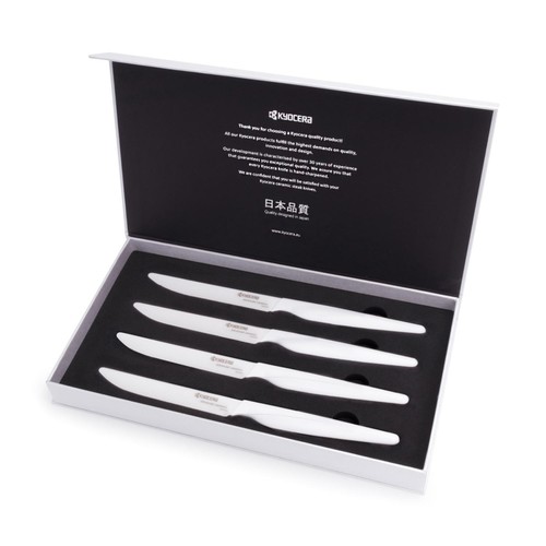 Set de 4 couteaux &agrave; steak en c&eacute;ramique 24 cm lame blanche/manche blanc