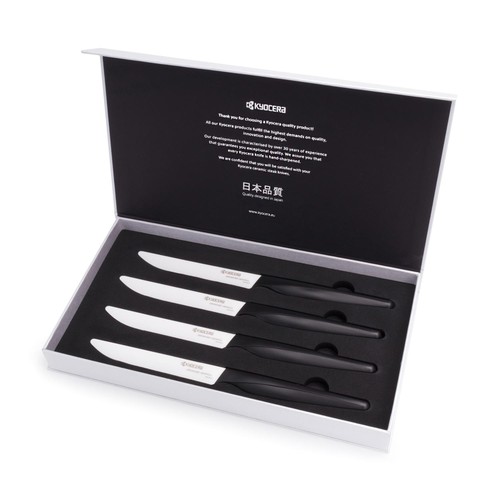 Set de 4 couteaux &agrave; steak en c&eacute;ramique 24 cm lame blanche/manche noir
