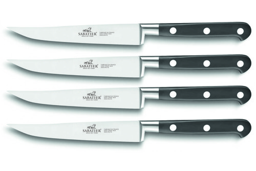 Set de 4 couteaux à steak forgés lisses 13 cm manche noir rivets inox