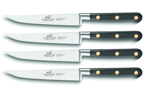 Set de 4 couteaux à steak forgés lisses 13 cm manche noir rivets laiton