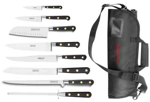 Set de 8 couteaux forgés noirs rivets laiton avec mallette de 12 places