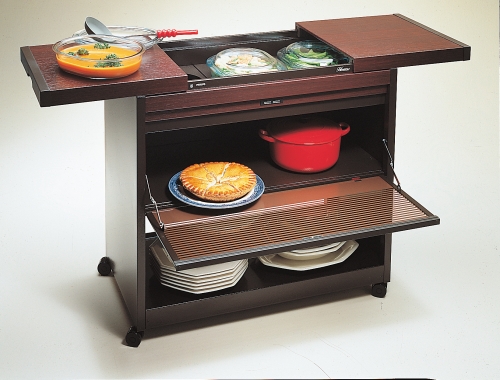 Table chauffante 1 étage métal placage acajou. Fournie avec 3 plats pyrex.