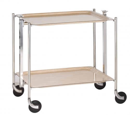 Table roulante pliante 2 étages montants chromés plateaux stratifiés Bouleau