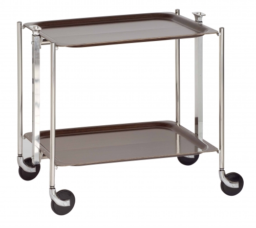 Table roulante pliante 2 étages montants chromés plateaux stratifiés Wengé