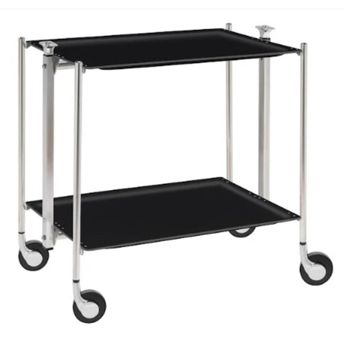 Table roulante pliante, desserte de cuisine 2 étages montants chromés plateaux stratifiés Lin - Noir - Textable