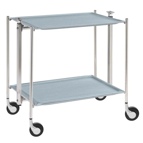 Table roulante pliante, desserte de cuisine 2 étages montants chromés plateaux stratifiés Secret - Bleu Clair - Textable