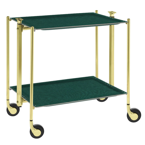 Table roulante pliante, desserte de cuisine 2 étages montants dorés plateaux stratifiés Lin - Vert Emeraude - Textable