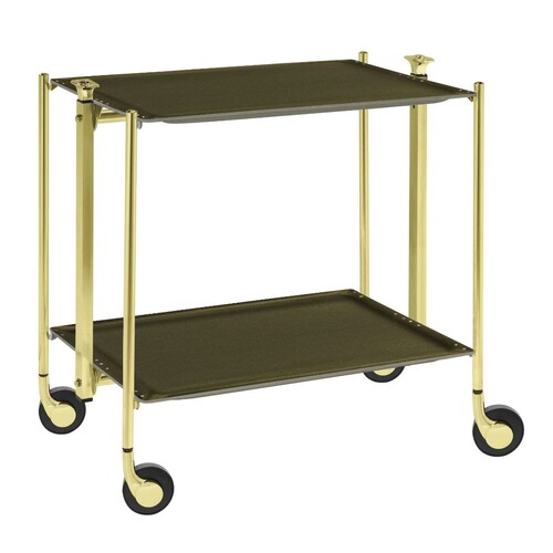 Table roulante pliante, desserte de cuisine 2 étages montants dorés plateaux stratifiés Secret - Vert Olive - Textable