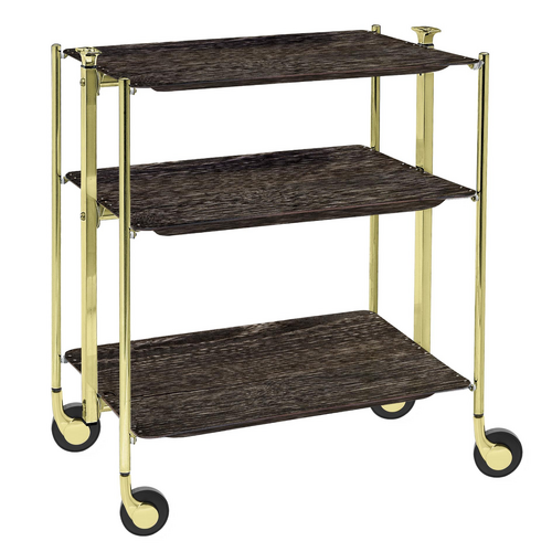 Table roulante pliante, desserte de cuisine 3 &eacute;tages montants dor&eacute;s plateaux stratifi&eacute;s - Dark Oak - Textable