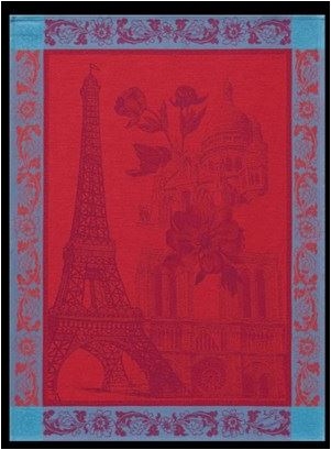 Torchon  Le Jacquard Fran&ccedil;ais 60x80 Paris en fleur Cerise  100% coton