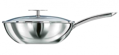 Wok 24  cm maestro trilaminé Excalibur, grille inox et couvercle verre