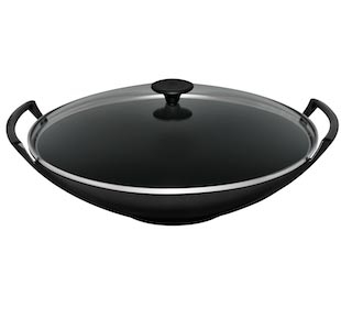 Wok Noir 36 cm avec grille inox, spatule et couvercle en verre bouton inox