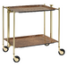 Desserte roulante et pliante 2 étages montants dorés plateaux stratifiés Loupe foncé