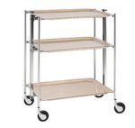Desserte roulante et pliante 3 etages montants chromes plateaux stratifies bois