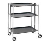 Desserte roulante et pliante 3 etages montants chromes plateaux stratifies bois