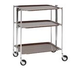 Desserte roulante et pliante 3 etages montants chromes plateaux stratifies bois