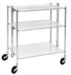 Desserte roulante et pliante 3 etages montants chromes plateaux stratifies blanc