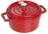 Cocotte en fonte ronde rouge cerise 22 cm avec couvercle a bouton laiton