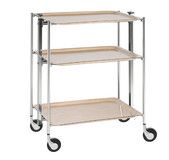 Desserte roulante et pliante 3 etages montants chromes plateaux stratifies bois