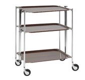 Desserte roulante et pliante 3 etages montants chromes plateaux stratifies bois