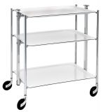 Desserte roulante et pliante 3 etages montants chromes plateaux stratifies blanc
