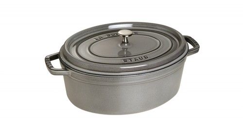 Cocotte en fonte ovale gris graphite 37 cm avec couvercle à bouton laiton