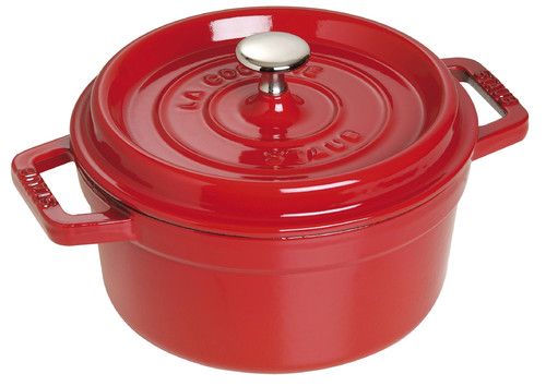 Cocotte en fonte ronde rouge cerise 18 cm avec couvercle &agrave; bouton laiton