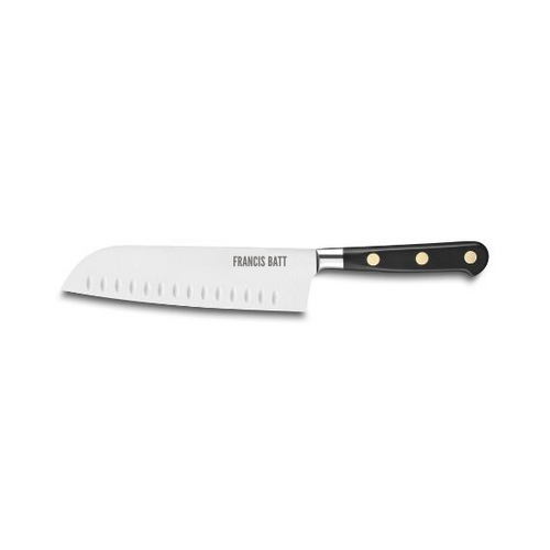 Couteau Oriental Santoku alv&eacute;ol&eacute; Forg&eacute; Pro 18 cm manche noir rivets laiton
