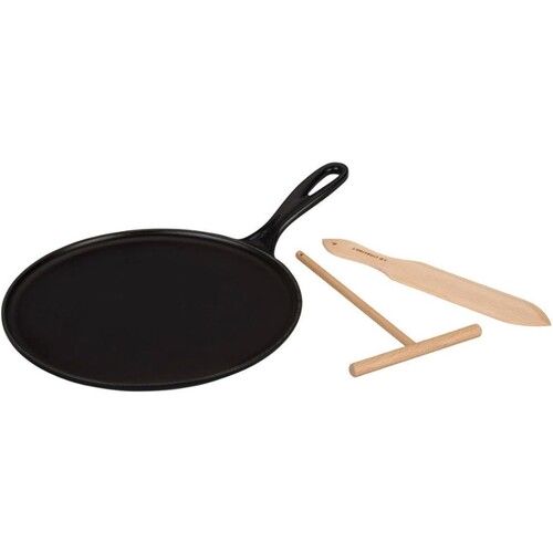 Cr&ecirc;pi&egrave;re en fonte &eacute;maill&eacute;e 27 cm Noir Mat avec R&acirc;teau et Spatule &agrave; Cr&ecirc;pes