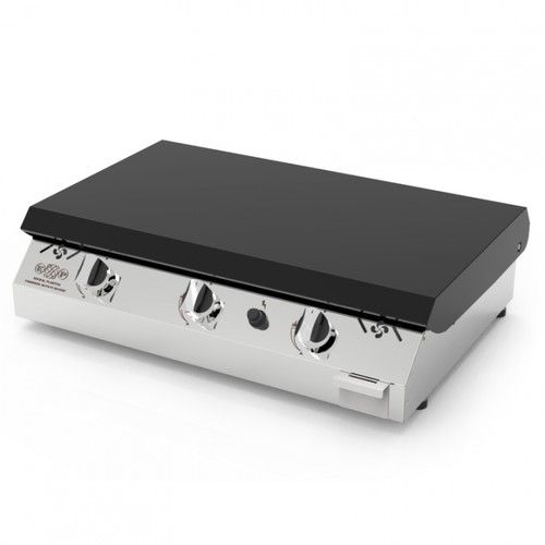 Plancha inox Iparla 80 cm 3 feux gaz couvercle noir