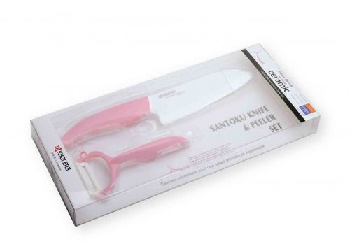 Set 2 pi&egrave;ces : un couteau lame c&eacute;ramique blanche & manche rose 14 cm + un &eacute;pluch