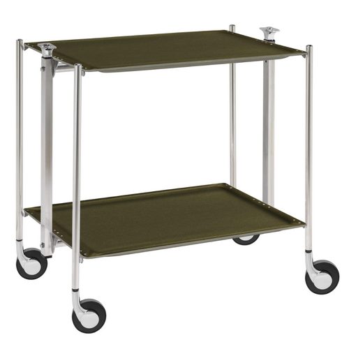 Table roulante pliante, desserte de cuisine 2 étages montants chromés plateaux stratifiés Secret - Vert Olive - Textable