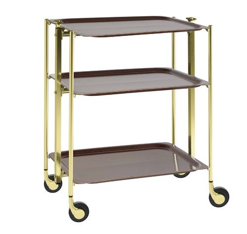 Table roulante pliante Textable dor&eacute; 3 plateaux bois Weng&eacute;