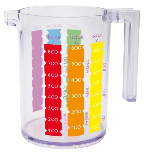 Verre doseur gradu&eacute; 1 L. Pour solides & liquides. Acrylique. Multicolore