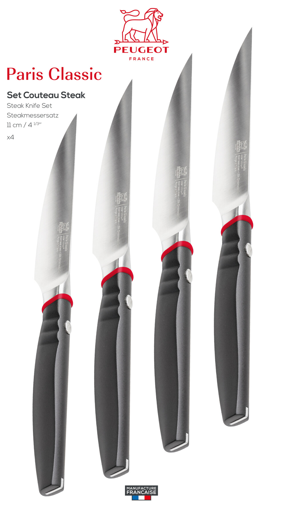 Lot De 4 Couteaux à Steak Français - Lame 77 Mm Pointue Micro-dentée - Marque SAUFAX - Fabrication France