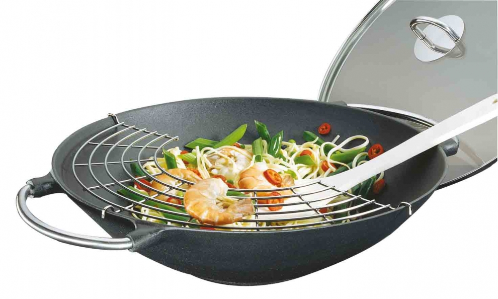 Wok en fonte avec couvercle en bois pour sauter, griller, frire et cuire à  la vapeur – Poêle profonde avec couvercle,– Antiadhésif et résistant aux  rayures : : Cuisine et Maison